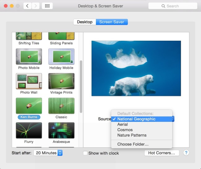 Mac OS X Screen Saver Source Menu