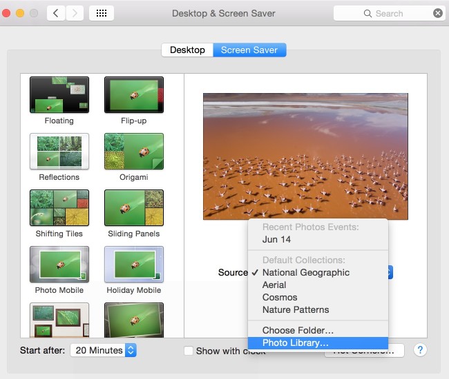 Mac OS X Screen Saver Preferences Source with Photo Library