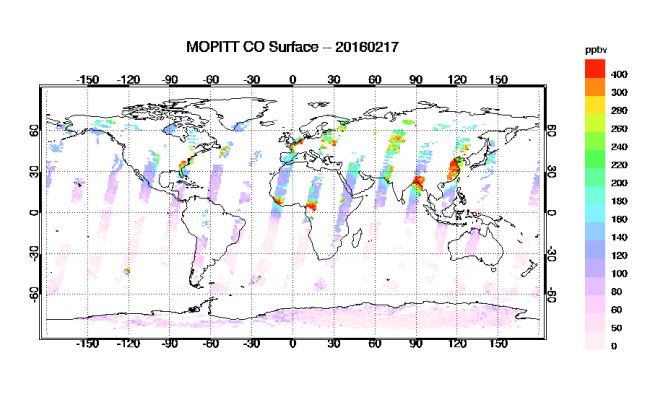 MOPITT V5 Surface Carbon Monoxide Swaths 2016-02-17