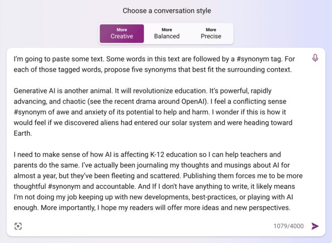 Screenshot of the synonyms prompt and passage pasted in the Bing Chat in Creative Mode.