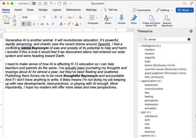 Screenshot of Microsoft Word with the text passage with the synonym hashtags as well as Word's thesaurus for the word, "sense."