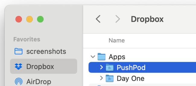 Screenshot of macOS Finder window showing folders within the Dropbox folder. The top-level folder is named "Apps" and below that is a PushPod folder, which is highlighted.