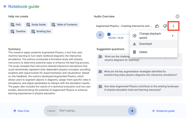 Screenshot of NotebookLM interface showing the Notebook guide for Augmented Physics. The interface includes a summary, options to create FAQ, Study Guide, Table of Contents, Timeline, and Briefing Doc, and an Audio Overview section with playback controls. The three-dot menu in the Audio Overview is expanded, showing options to change playback speed, download the audio, or delete it. Suggested questions related to the topic are also displayed on the right