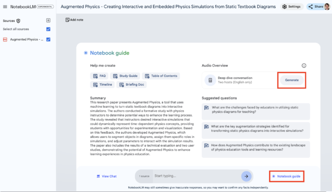 Screenshot of NotebookLM interface showing a Notebook guide for Augmented Physics. The guide includes options to create FAQ, Study Guide, Table of Contents, Timeline, and Briefing Doc, along with a summary, audio overview, and suggested questions for deeper exploration.