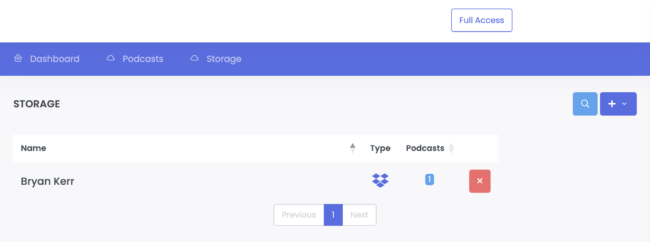 Screenshot of PushPod Storage settings showing the post author's name and Bropbox icon under the Type column heading along with the number one in the Podcasts column.