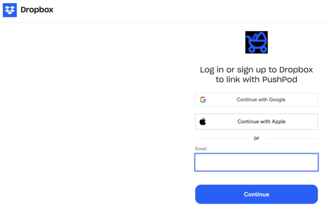 Screenshot of webpage showing Dropbox login to allow linking with PushPod app.