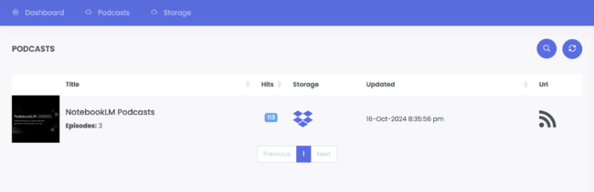 Screenshot of PushPod web interface displaying the “Podcasts” tab. It shows a podcast titled “NotebookLM Podcasts” with three episodes. The table includes columns for Hits (113), Storage (Dropbox icon), Updated date (16-Oct-2024 8:35:56 pm), and a URL column with an RSS feed icon. Navigation options for “Dashboard,” “Podcasts,” and “Storage” are visible in the top menu bar.
